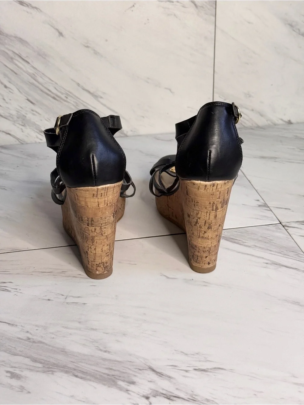 3/$50 Montego Bay Club Black Gold Cutout Cork Wedge Sandals Gladiator Heels 8.5